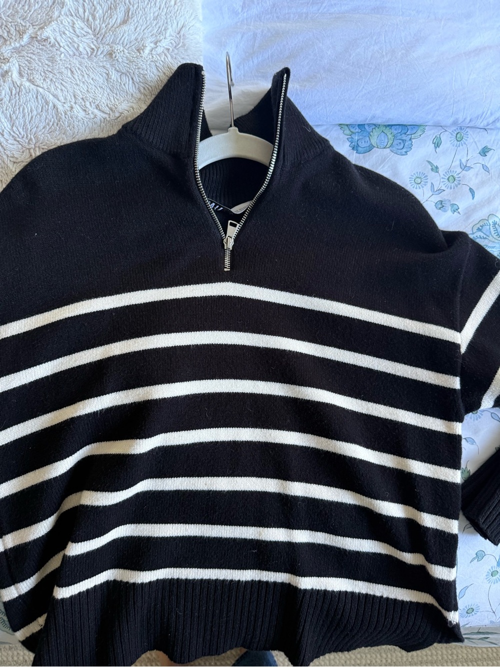 Women’s Half-Zip Striped Knit Sweater - Black & White